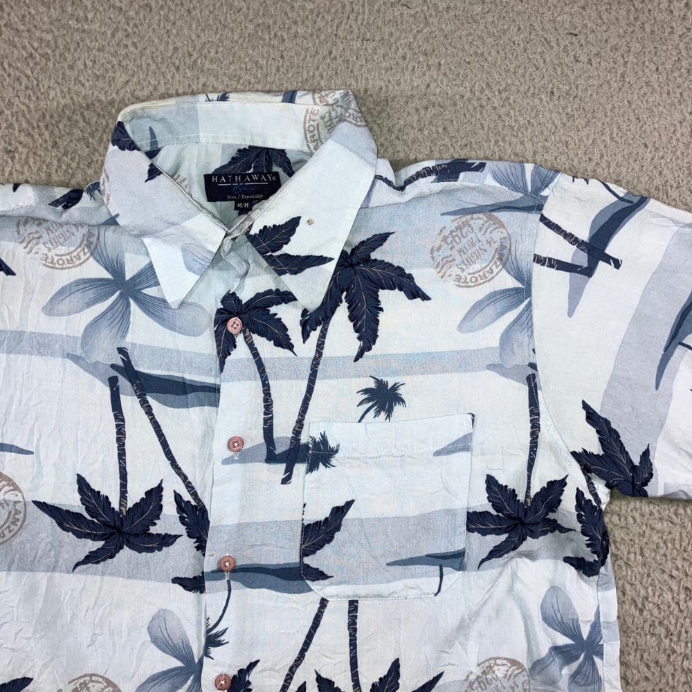 Hathaway Hawaiian Shirt Men‎ M Blue Palm Tree Tropical Stripe S/S Coastal Beach